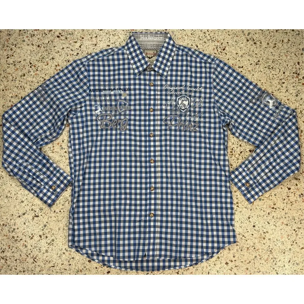StockerPoint Men's Embroidered Check Pattern Button Up Long Sleeve Shirt Size‎ L